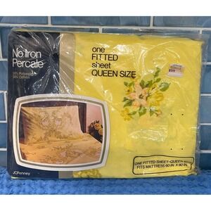 Vintage NOS‎ JC Penney Cotton Poly Queen Fitted Sheet Pale Buttercup Floral NEW!